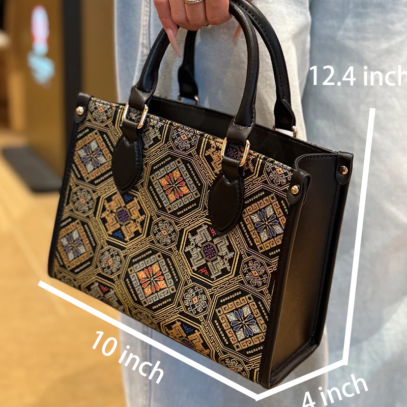 Vintage Medium Size Large Capacity Embroidery Handwoven Zhuang Pattern Handag