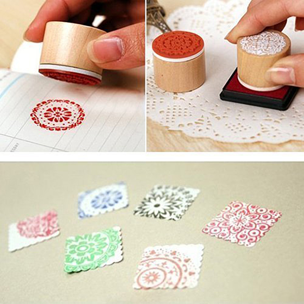 12 Wooden Stamps Floral Pattern Round and Square Lace Rubber Stamps