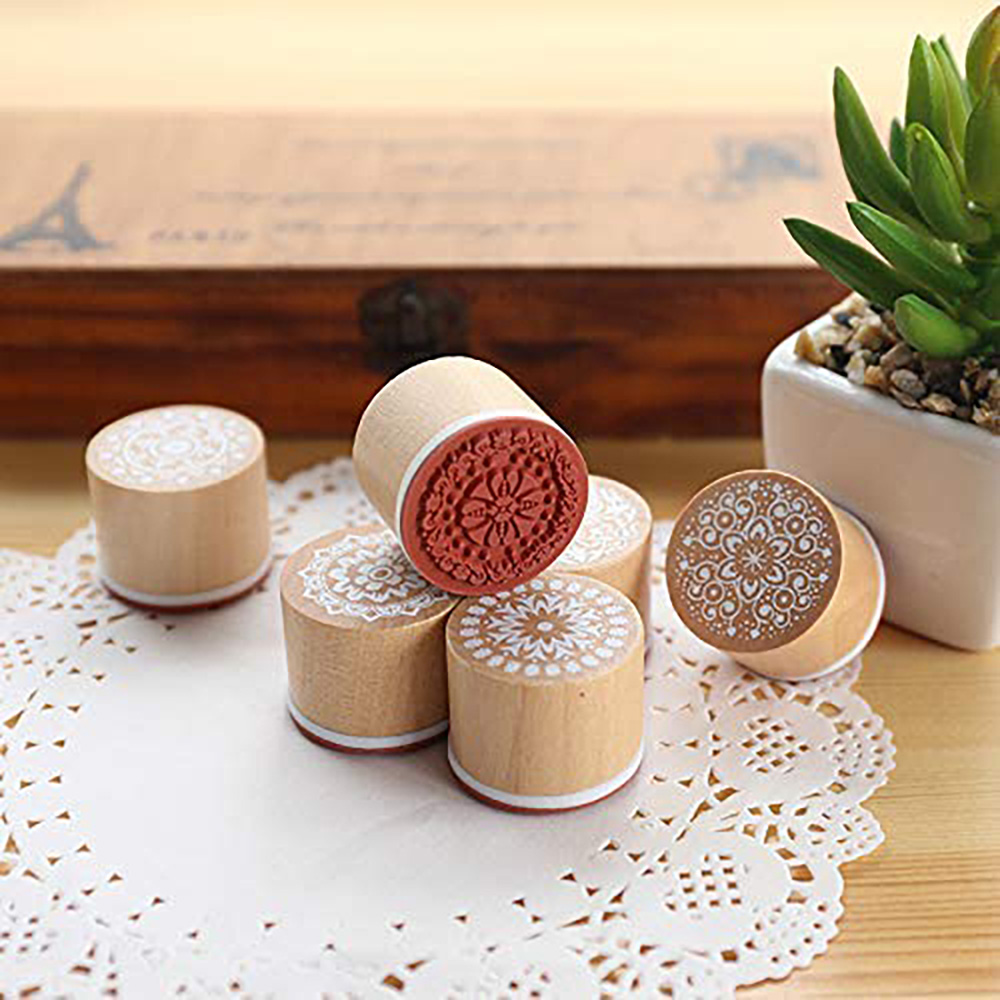 12 Wooden Stamps Floral Pattern Round and Square Lace Rubber Stamps