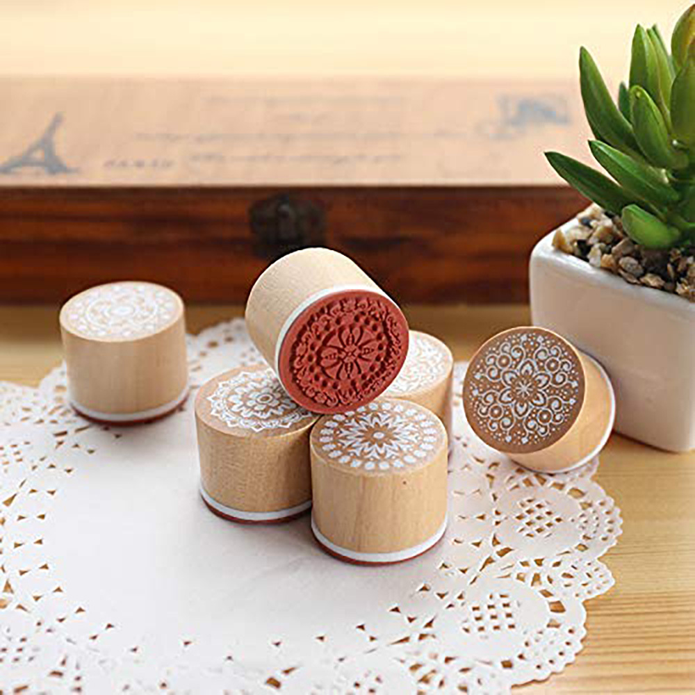 12 Wooden Stamps Floral Pattern Round and Square Lace Rubber Stamps