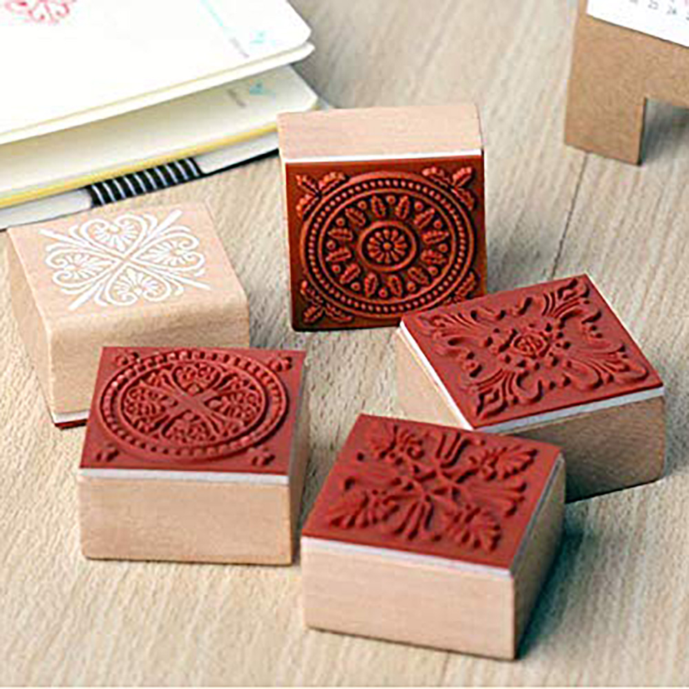12 Wooden Stamps Floral Pattern Round and Square Lace Rubber Stamps