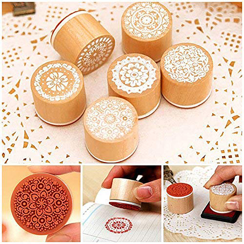 12 Wooden Stamps Floral Pattern Round and Square Lace Rubber Stamps