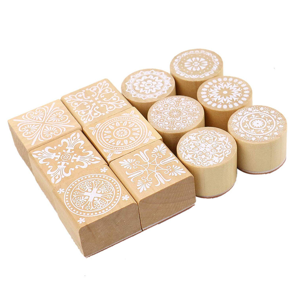 12 Wooden Stamps Floral Pattern Round and Square Lace Rubber Stamps