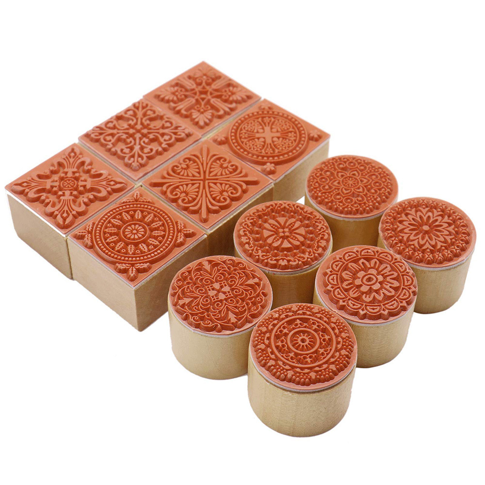 12 Wooden Stamps Floral Pattern Round and Square Lace Rubber Stamps