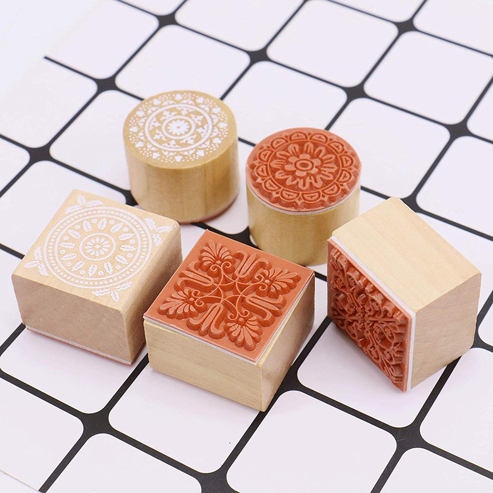 12 Wooden Stamps Floral Pattern Round and Square Lace Rubber Stamps