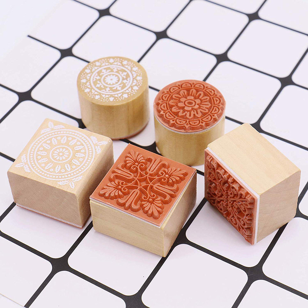12 Wooden Stamps Floral Pattern Round and Square Lace Rubber Stamps