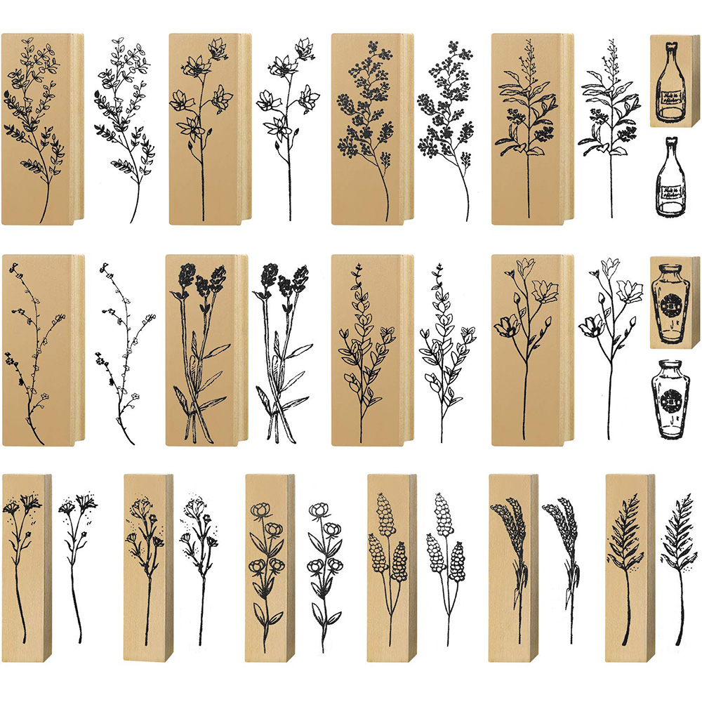 16 Piece Floral and Botanical Decorative Rubber Stamps Vintage Wooden Framed Stamp Set
