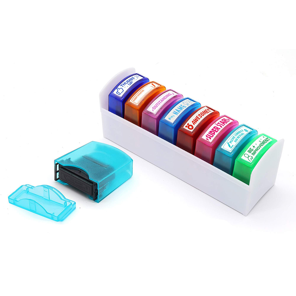 8 Piece Teacher Stamp Set Color Auto Inker with Storage Box