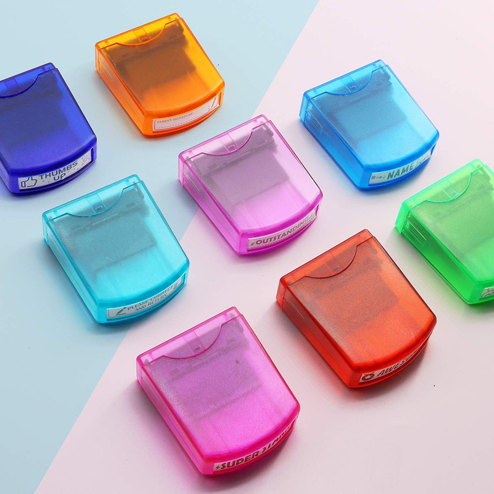 8 Piece Teacher Stamp Set Color Auto Inker with Storage Box