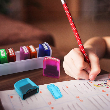 8 Piece Teacher Stamp Set Color Auto Inker with Storage Box