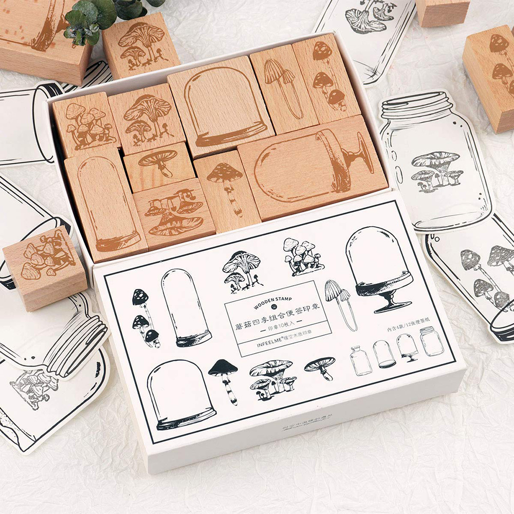 10 Vials of Mushroom Wooden Rubber Stamps and 12 Jar Cards