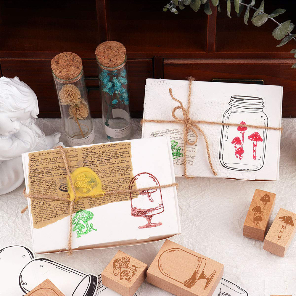 10 Vials of Mushroom Wooden Rubber Stamps and 12 Jar Cards