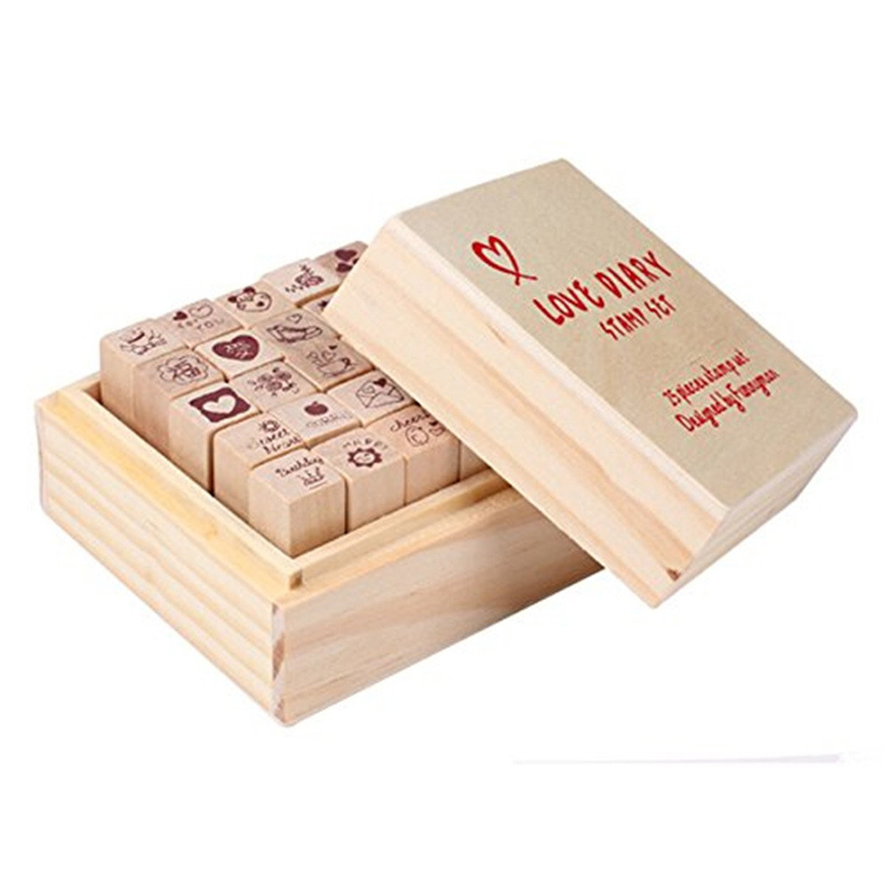 Pack of 25 Heart Shaped Wooden Rubber Stamps with Box DIY Craft Cards and Albums Red
