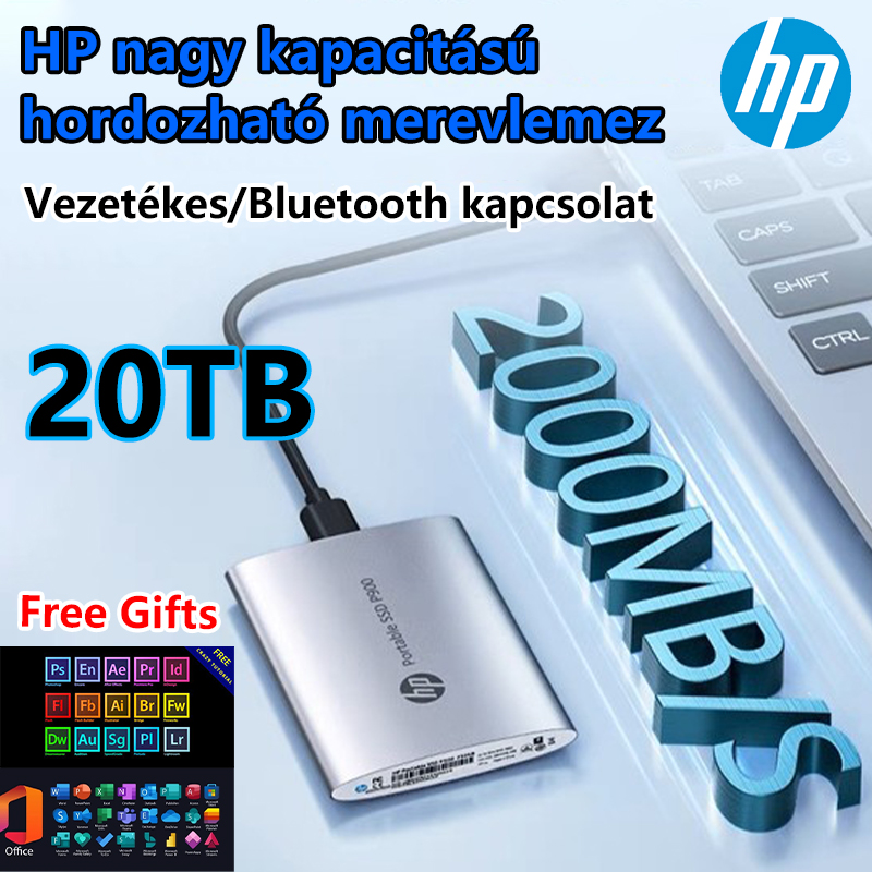 【2000MB/s】HP 20TB nagy memóriakapacitású hordozható merevlemez【Bluetooth kapcsolat támogatása】