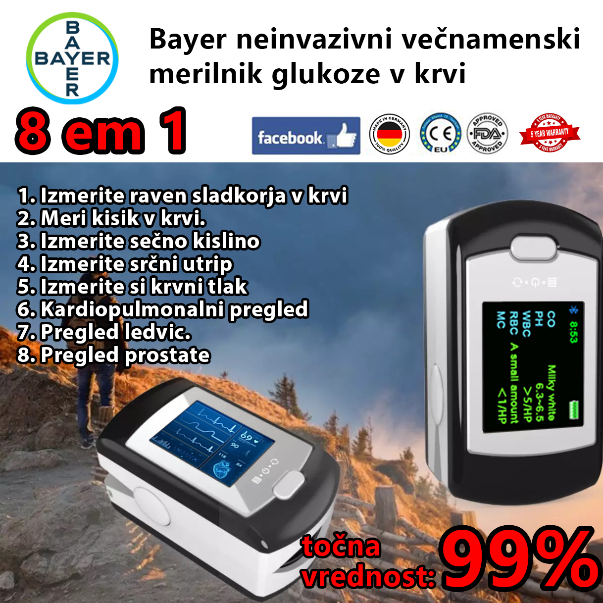 Bayer neinvazivni merilnik glukoze v krvi (5 sekund merjenja/99% natančnost)