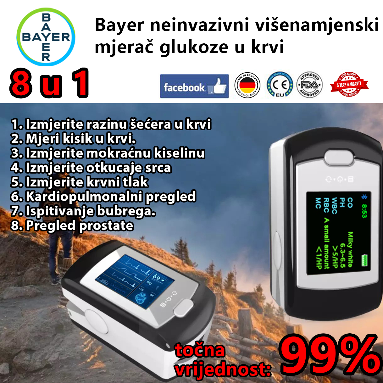 Bayerov neinvazivni mjerač glukoze u krvi (mjerenje od 5 sekundi/99% točnosti)