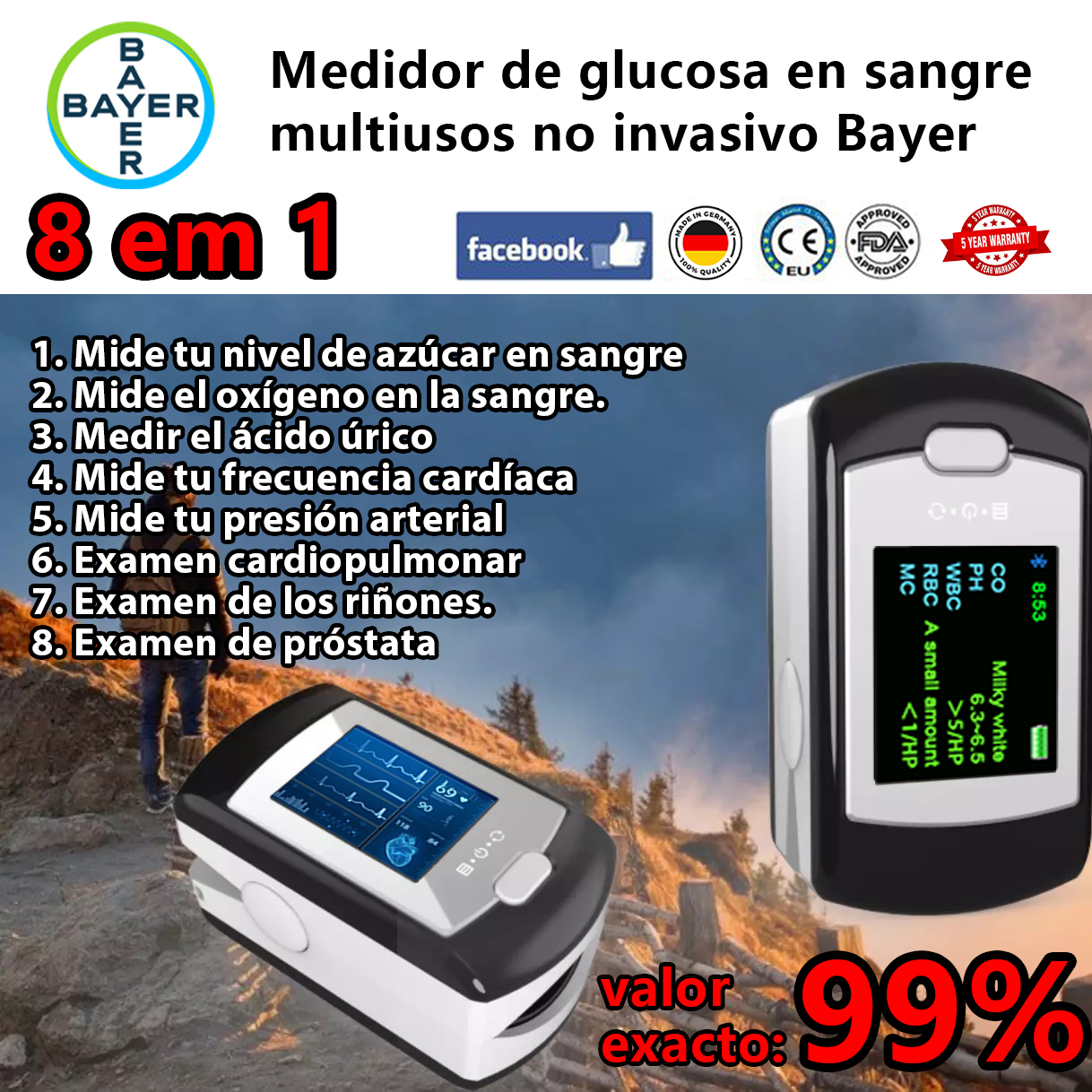  Medidor de glucosa en sangre no invasivo Bayer (medición de 5 segundos/99% de precisión)