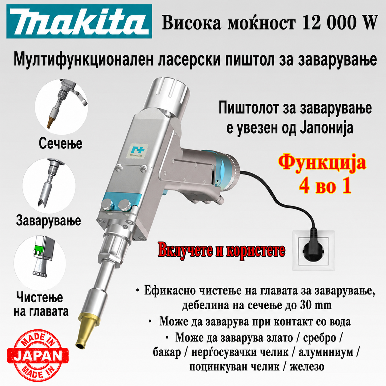 Makita 12000W пренослив ласерски пиштол за заварување 4-во-1 мултифункционален