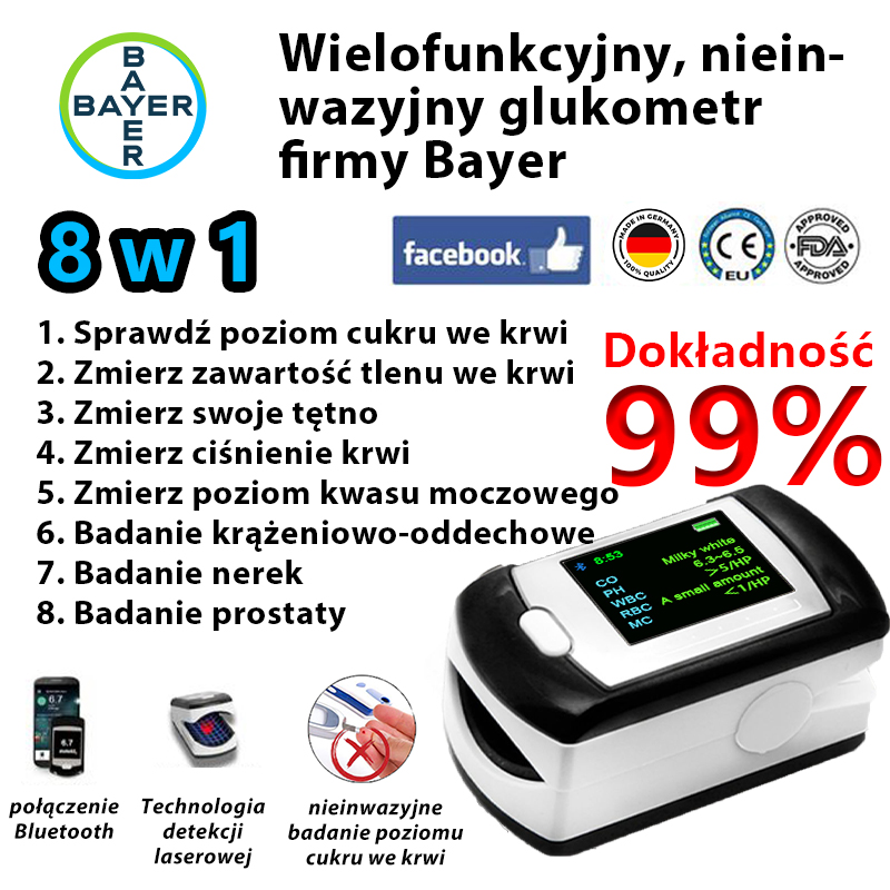Nieinwazyjny glukometr Bayer (pomiar w 5 sekund/dokładność 99%)