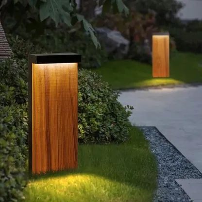 Modern Metal Rectangular Terrace Outdoor Lamp Natural Wood