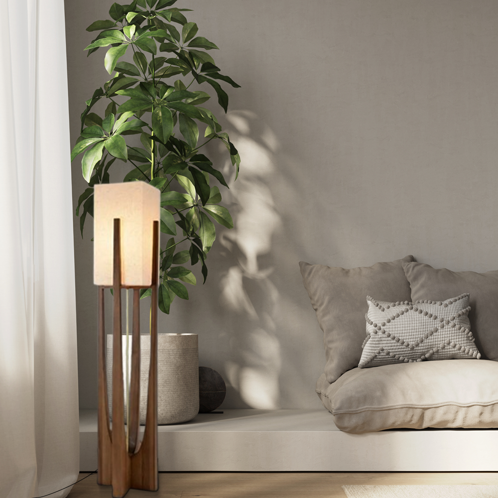 Nordic Wood Fabric Cylindrical Walnut Floor Lamp Study Room