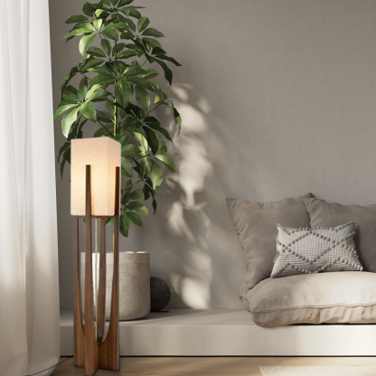 Nordic Wood Fabric Cylindrical Walnut Floor Lamp Study Room