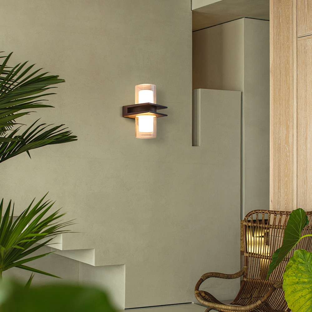 Modern Metal Glass Cylindrical 2 Heads Outdoor Wall Lamp Yard