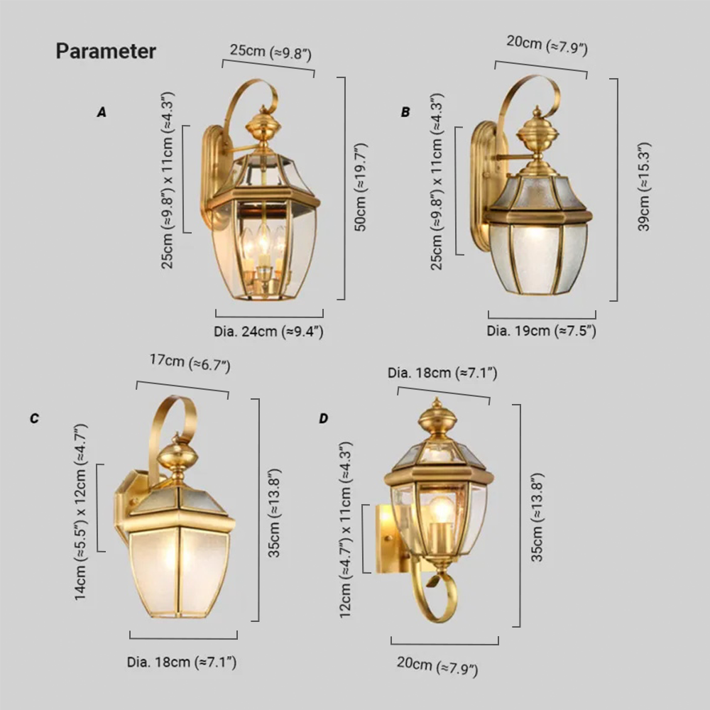 Vintage Metal Glass Lantern Outdoor Wall Lamp Gold