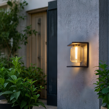 Modern Metal/Glass Square Black/Grey Wall Lamp Outdoor
