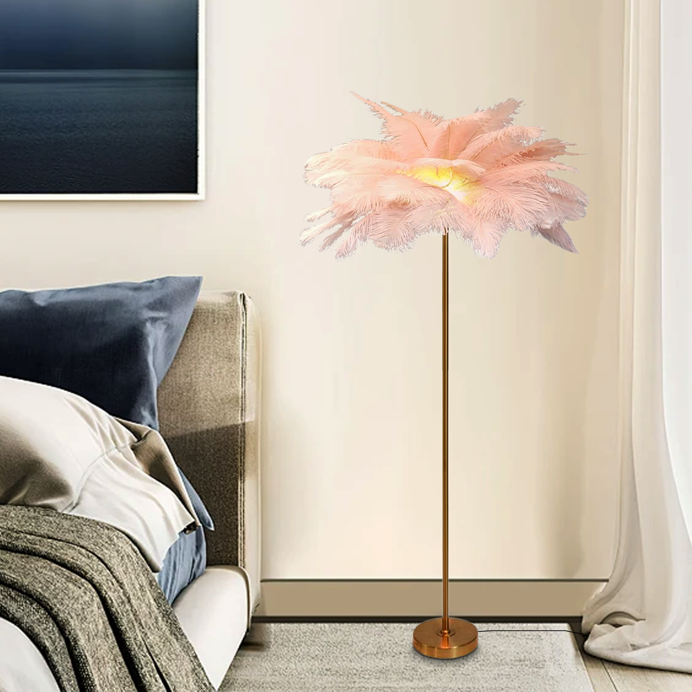 Art Deco Metal Feather Cluster Khaki Pink White Floor Lamp