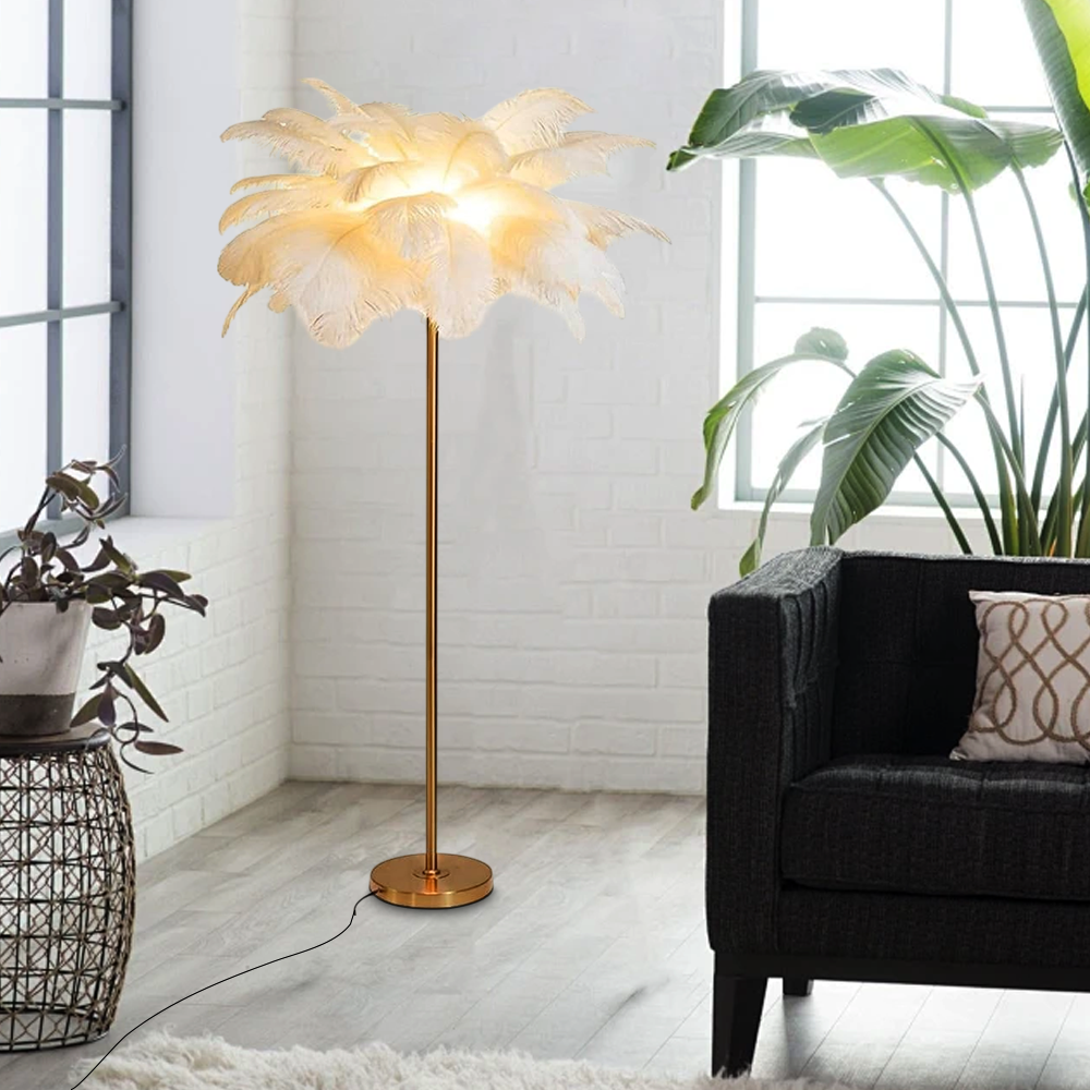 Art Deco Metal Feather Cluster Khaki Pink White Floor Lamp