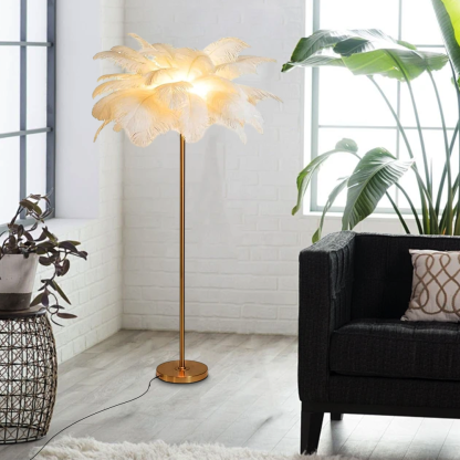 Art Deco Metal Feather Cluster Khaki Pink White Floor Lamp
