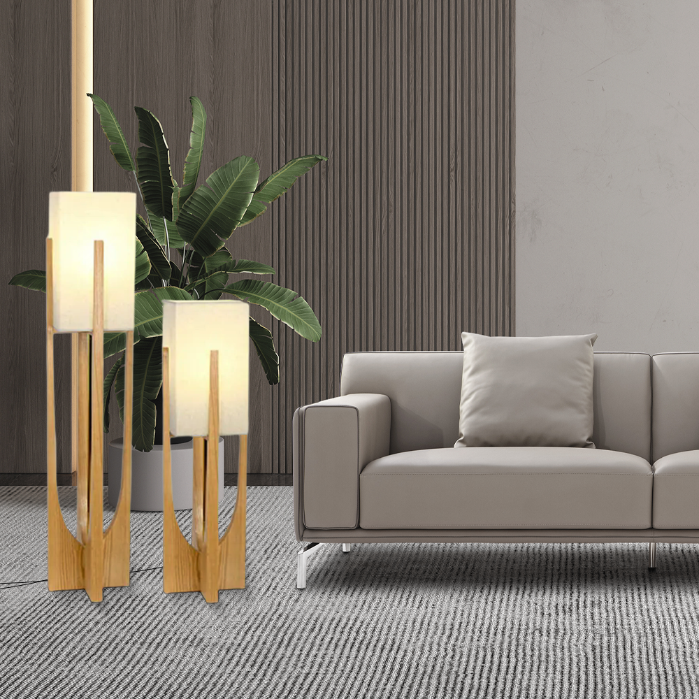 Nordic Wood Fabric Cylindrical Walnut Floor Lamp Study Room