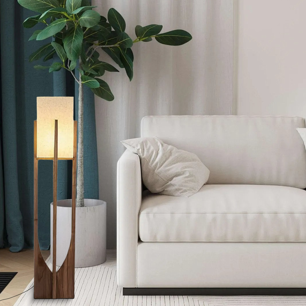 Nordic Wood Fabric Cylindrical Walnut Floor Lamp Study Room