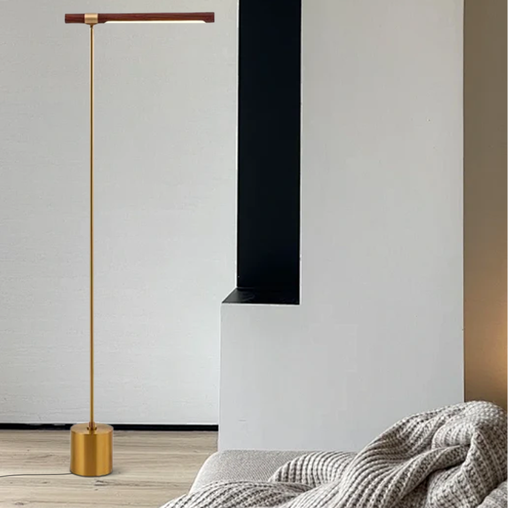 Minimalist Wooden Linear Gold Floor Lamp Bedroom