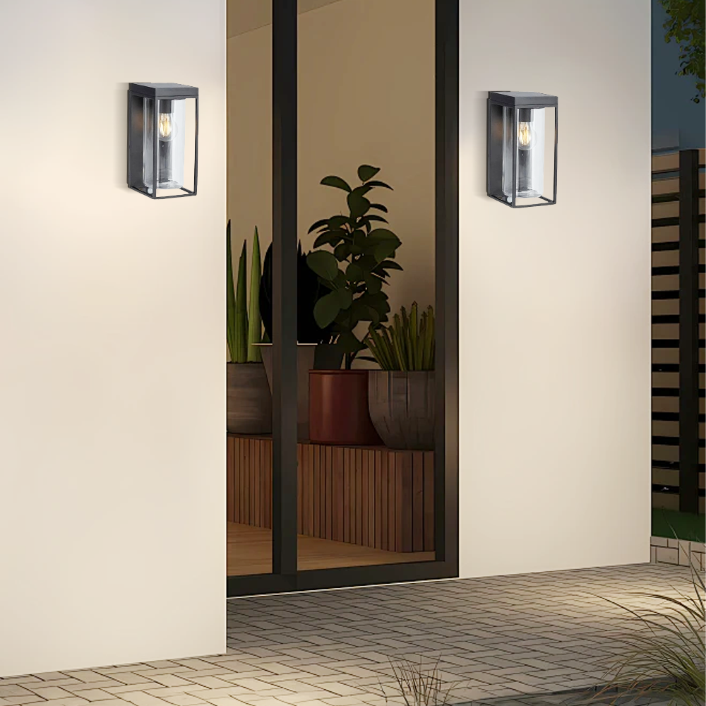 Modern Metal Glass Rectangular Black Outdoor Wall Lamp