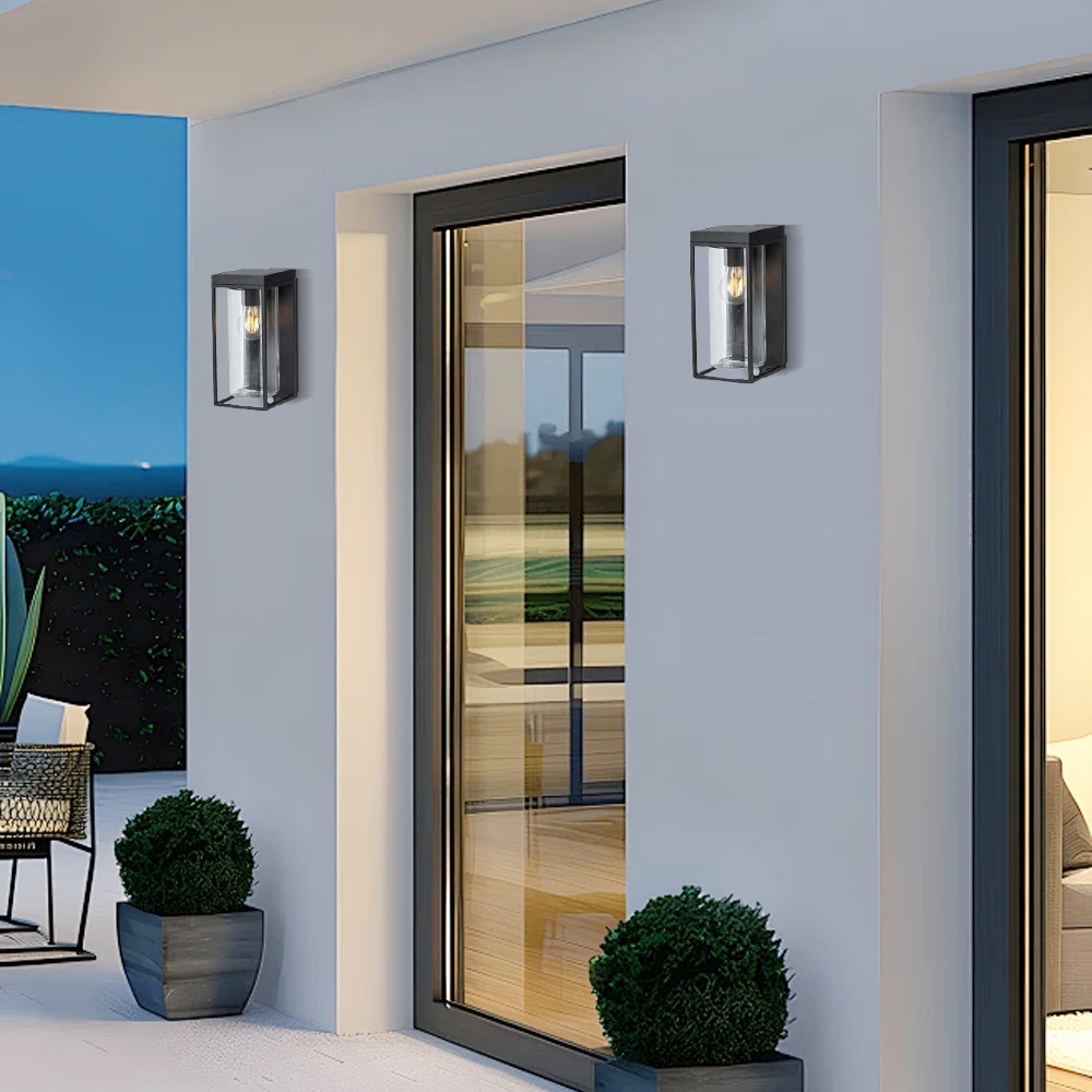 Modern Metal Glass Rectangular Black Outdoor Wall Lamp