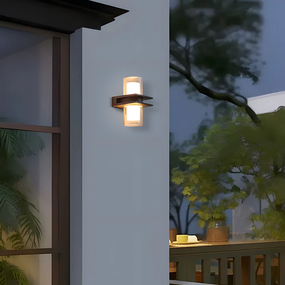 Modern Metal Glass Cylindrical 2 Heads Outdoor Wall Lamp Yard