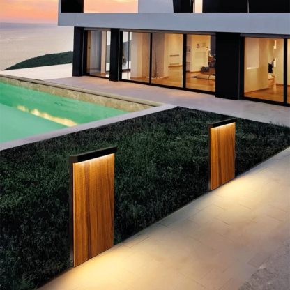Modern Metal Rectangular Terrace Outdoor Lamp Natural Wood