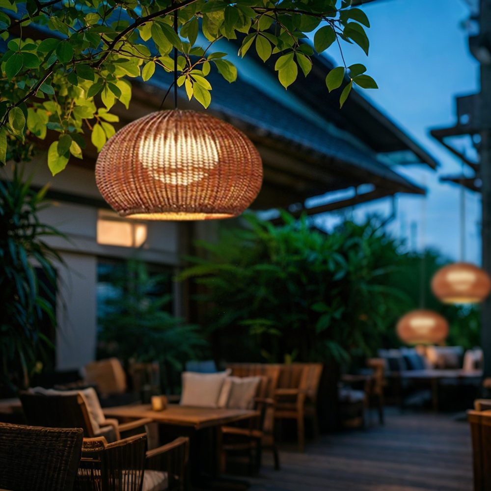 Farmhouse Rattan Beige Outdoor Pendant Light Garden