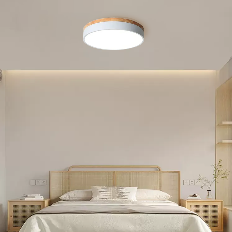 Nordic Metal Wood Round White Green Flush Mount Ceiling Light Bedroom