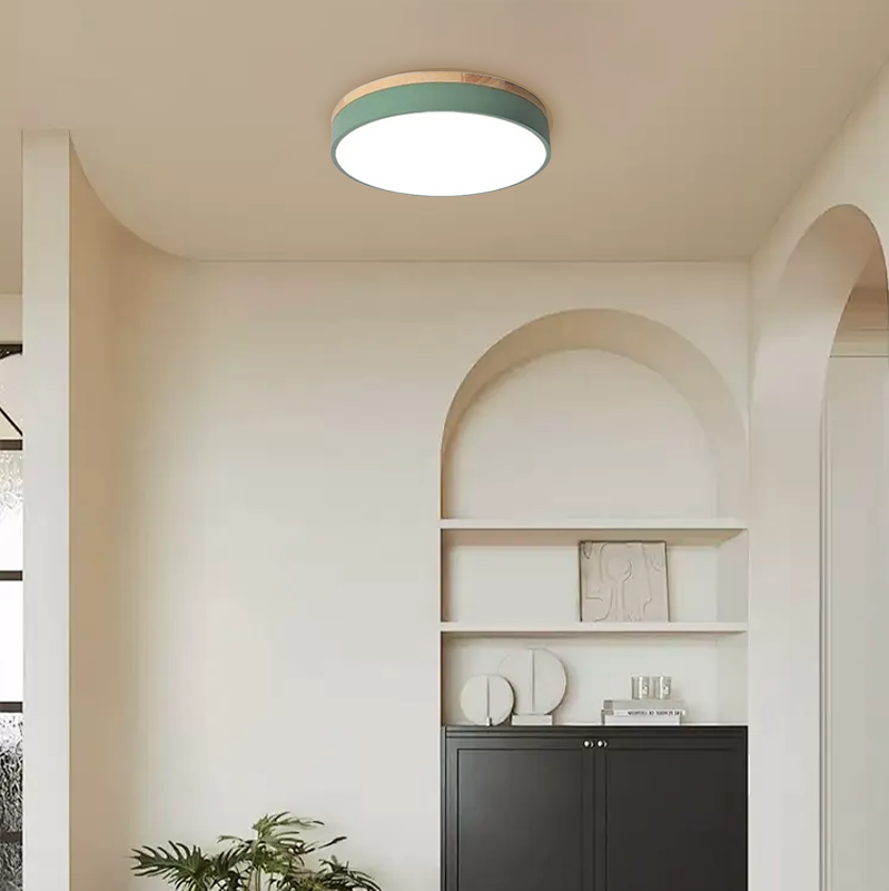 Nordic Metal Wood Round White Green Flush Mount Ceiling Light Bedroom