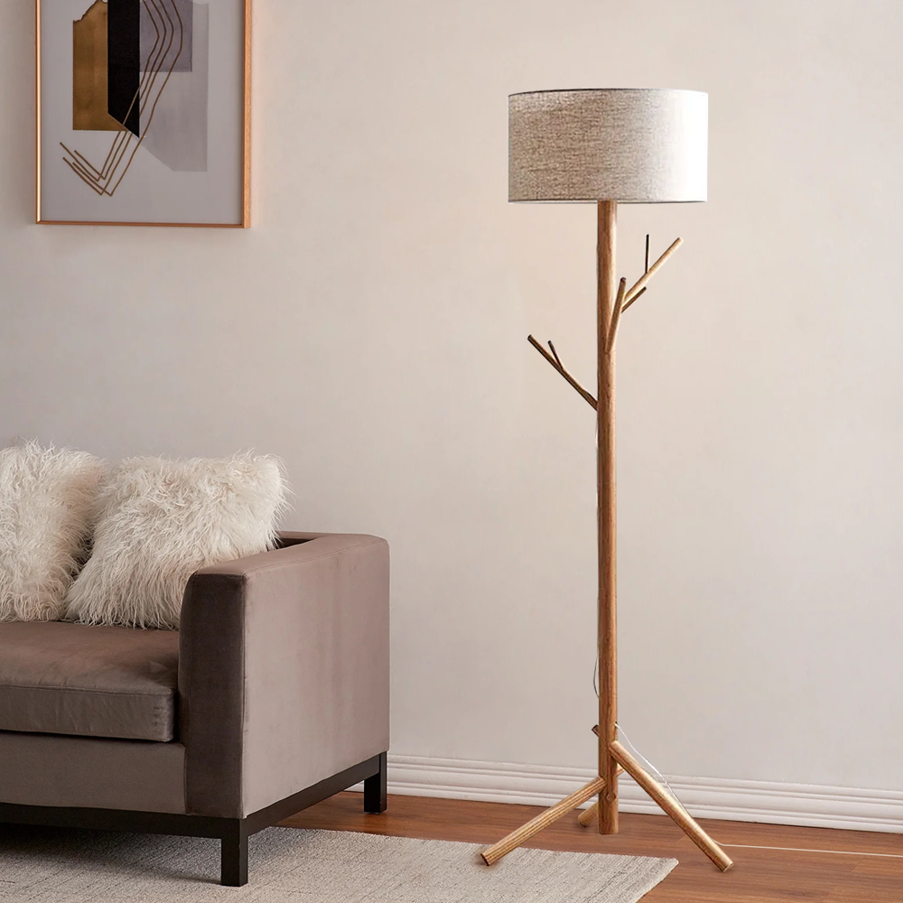 Rustic Wood Fabric Barrel Burlywood Floor Lamp Bedroom