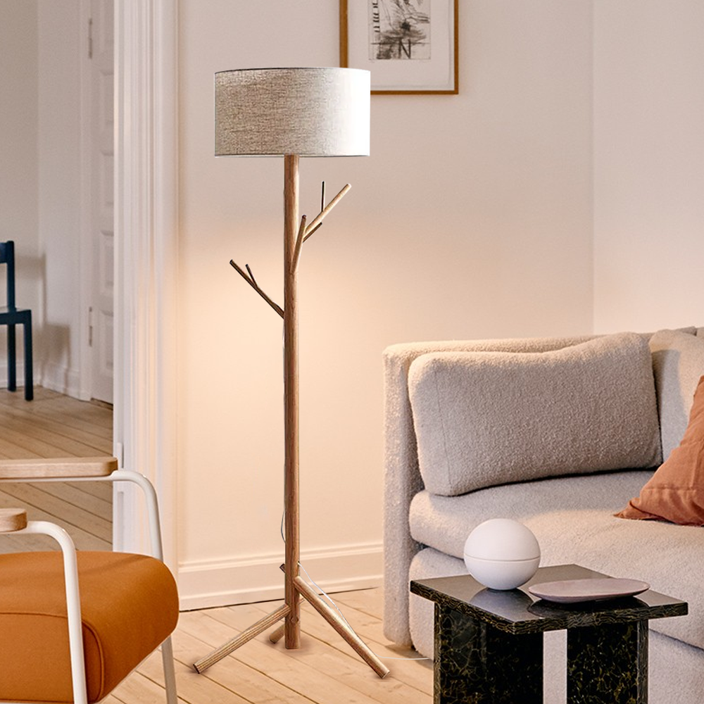 Rustic Wood Fabric Barrel Burlywood Floor Lamp Bedroom