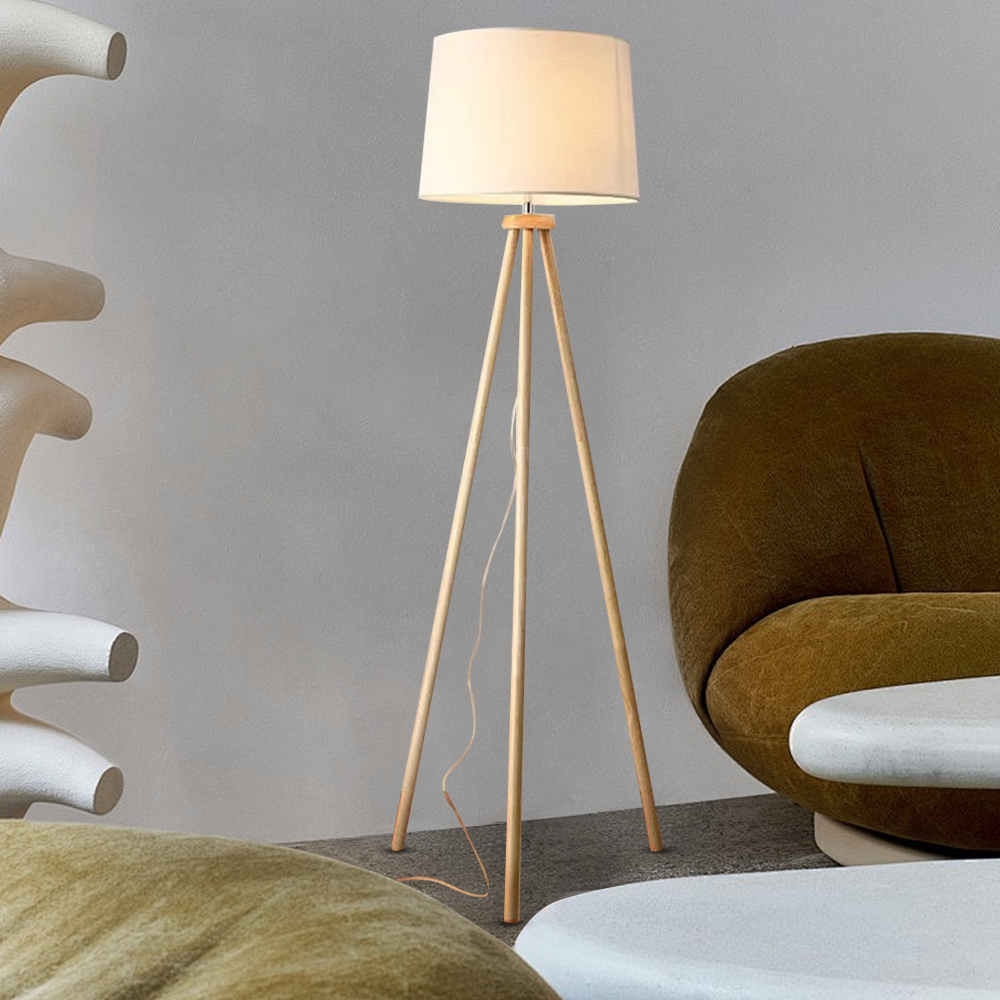 Modern Wood Fabric Barrel White Floor Lamp Living Room