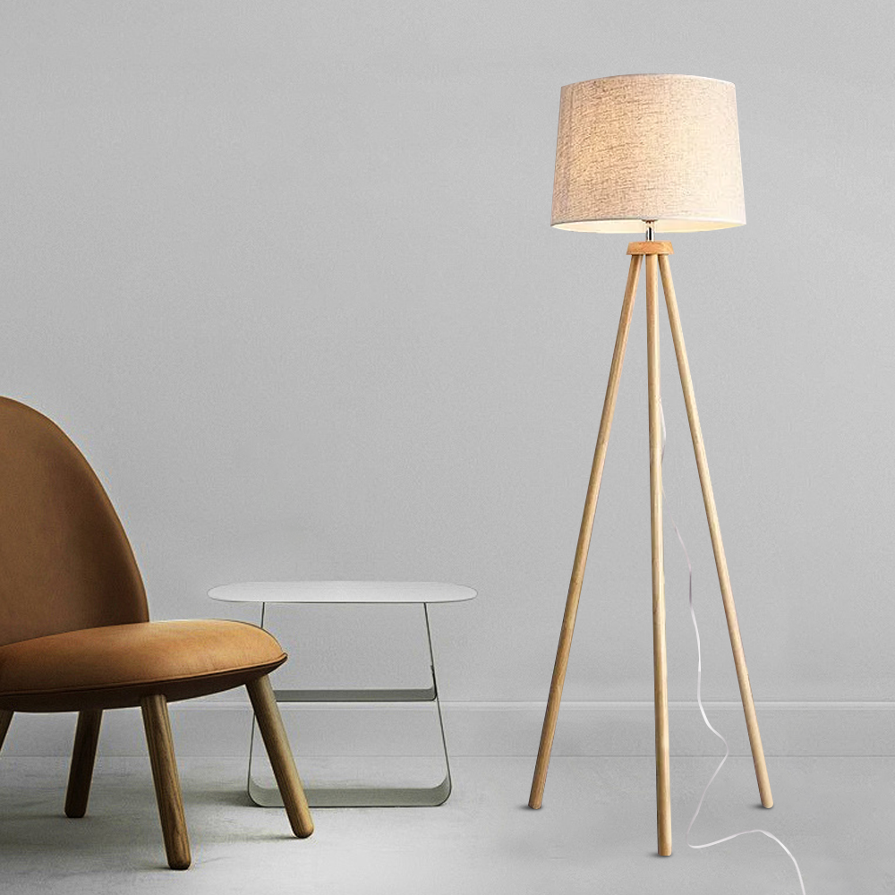 Modern Wood Fabric Barrel White Floor Lamp Living Room