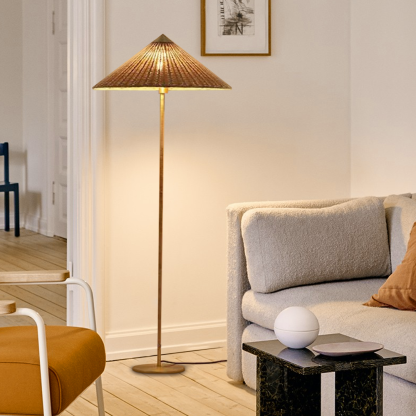 Rustic Wood Fabric Umbrella Beige Floor Lamp Living Room