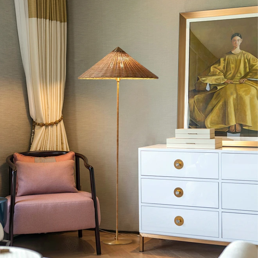 Rustic Wood Fabric Umbrella White Floor Lamp Living Room