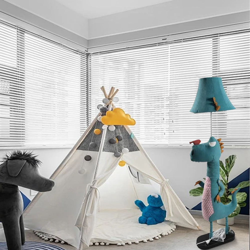 Art Deco Metal Fabric Dinosaur Blue Floor Lamp Childer's Room