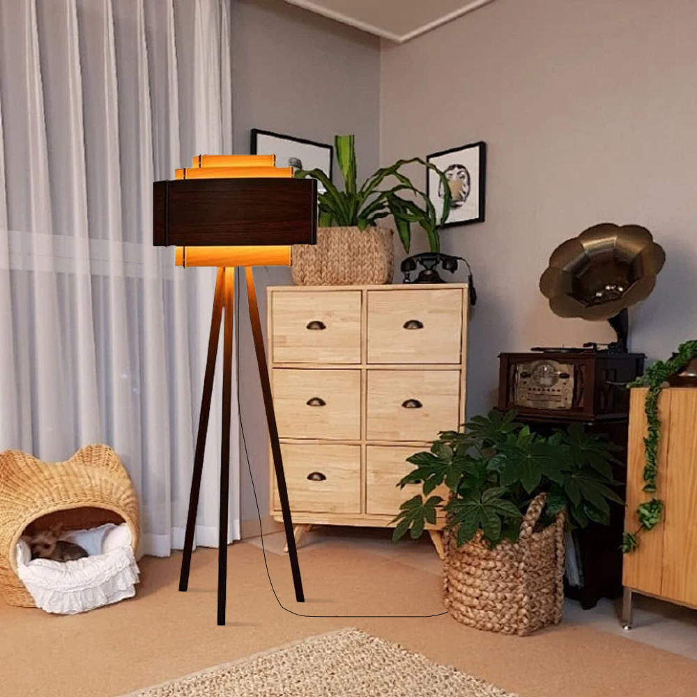 Modern Solid Wood Tripod Brown Living Room Floor Lamp